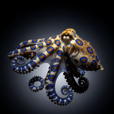 Editorial-style photograph of a Greater Blue-Ringed Octopus from the taxonomy octopuses, positioned dramatically against a dark or gradient background with focused lighting to emphasize texture and color.