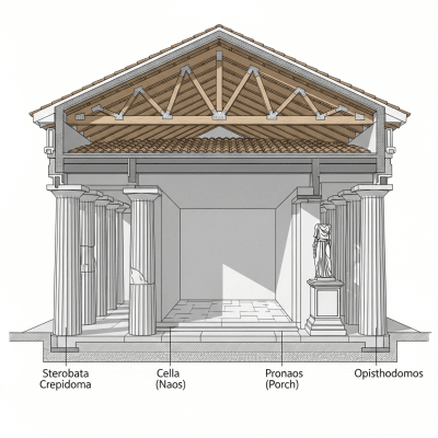 Detailed cross-sectional illustration or cutaway view showing the internal layout and key structural elements of the Greek (architecture)