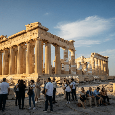 Photograph depicting Greek, an example of architecture, in active use or cultural context—such as being inhabited, visited, or used for its intended purpose—while keeping focus on the structure itself