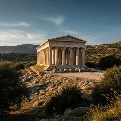 A wide-angle photograph of Greek, a type of architecture, situated in its typical environment or setting