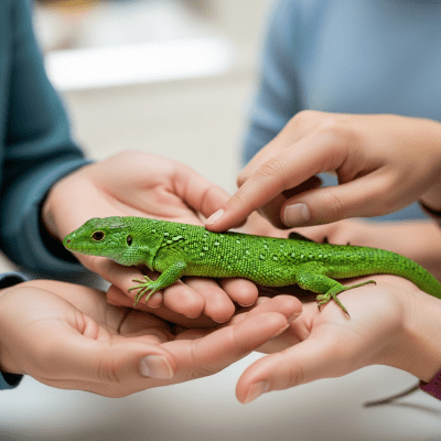 Image of a Green Ameiva interacting with humans in a responsible pet-keeping context