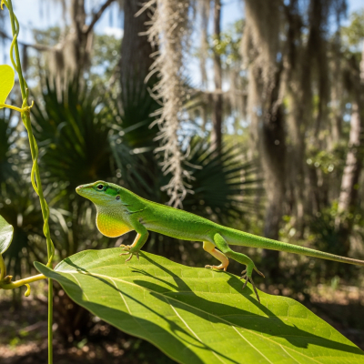 A dynamic action scene featuring a single Green Anole (lizards) running, climbing, or catching prey in its typical environment