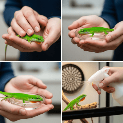 Image of a Green Anole interacting with humans in a responsible pet-keeping context