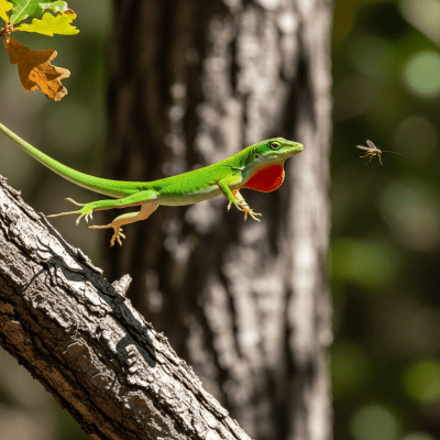 A dynamic action shot of a Green Anole, part of the taxonomy reptiles, in motion such as climbing, swimming, basking, or hunting in its environment