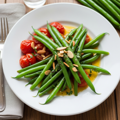 Image of cooked Green Bean (beans) presented as part of a traditional dish or cuisine, plated attractively and photographed from above