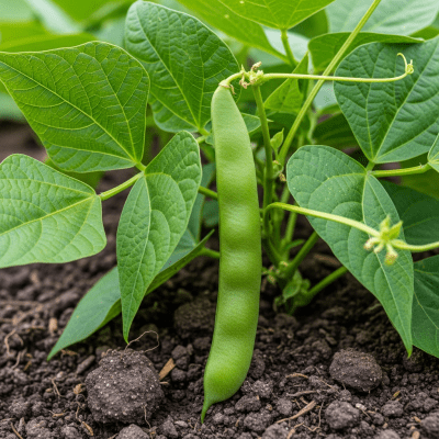 An image of Green Bean, belonging to the taxonomy beans, displayed in its natural environment—such as growing on a plant or vine, surrounded by leaves and soil