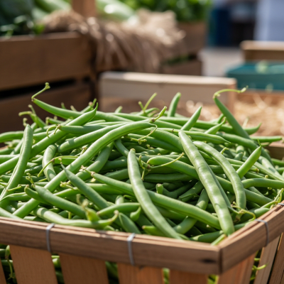Image showing freshly harvested Green Bean, displayed in a farmer's market basket or crate