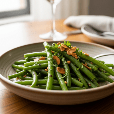 Photograph of a prepared dish or serving featuring the Green Bean, as commonly used in cuisine within the taxonomy vegetables