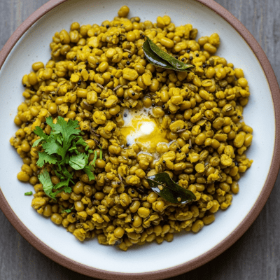 Image of cooked or prepared Green Gram (legumes) as it appears in a traditional dish or common culinary usage, presented on a clean plate with minimal garnish