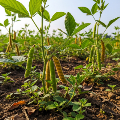 Photograph of the Green Gram (legumes) growing naturally on its plant in an outdoor agricultural or garden setting, showing leaves, pods, and surrounding soil or greenery