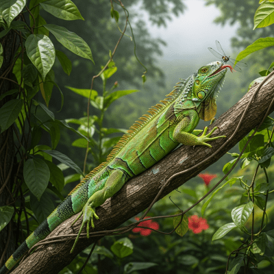 A dynamic action scene featuring a single Green Iguana (lizards) running, climbing, or catching prey in its typical environment