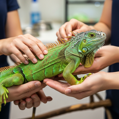Image of a Green Iguana interacting with humans in a responsible pet-keeping context