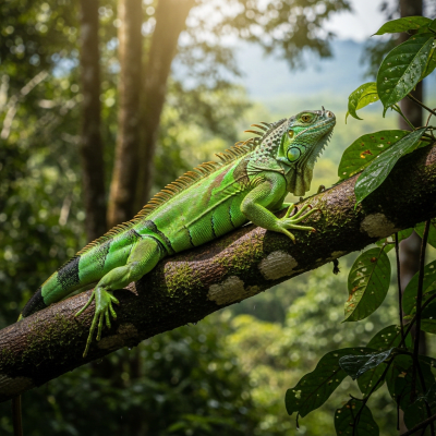 A dynamic action shot of a Green Iguana, part of the taxonomy reptiles, in motion such as climbing, swimming, basking, or hunting in its environment
