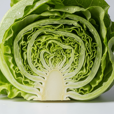 Detailed close-up image of a freshly cut cross-section of Green Leaf Lettuce, of the taxonomy lettuce