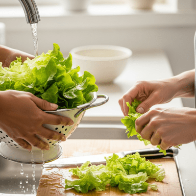 Photograph of a diverse pair of hands preparing or serving Green Leaf Lettuce in a kitchen setting