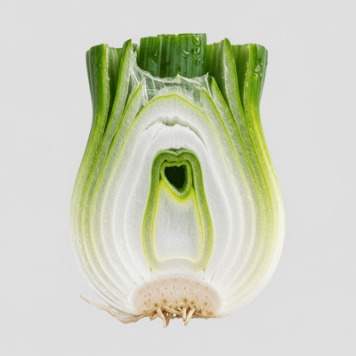 A detailed cross-sectional image of a Green onion (onions) cut in half to reveal its internal layers and structure