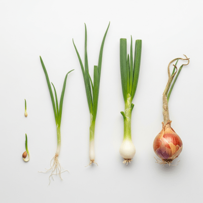An image showing multiple stages of growth for a single type of Green onion (onions), from seedling to mature bulb