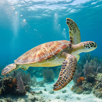 A dynamic action shot of a Green Sea Turtle, part of the taxonomy reptiles, in motion such as climbing, swimming, basking, or hunting in its environment