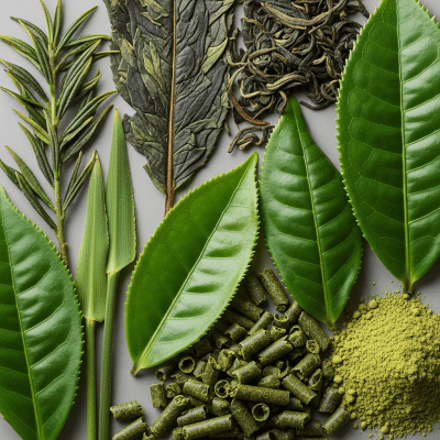 Macro photograph focusing on the texture and details of Green Tea leaves, within the taxonomy teas