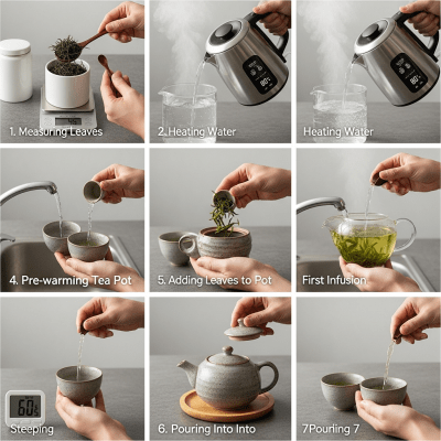 Step-by-step visual depiction showing the preparation process for Green Tea, within the taxonomy teas