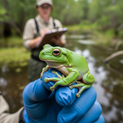 Photograph showing a Green Tree Frog in interaction with humans or within a cultural context, such as being observed by scientists or featured in educational settings
