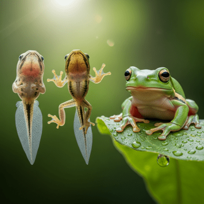 Image of a Green Tree Frog (amphibians) at the moment of transformation, such as metamorphosis from tadpole to adult