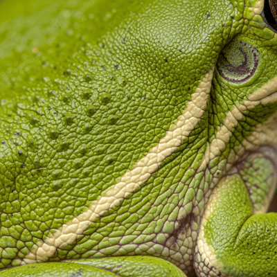 Macro close-up image of the skin texture or distinctive features of a single Green Tree Frog, belonging to the taxonomy amphibians