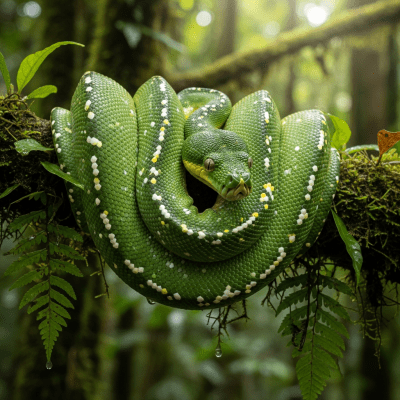A detailed image of a Green Tree Python (reptiles) in its typical natural habitat