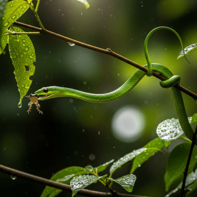 A dynamic action shot of a Green Vine Snake, part of the taxonomy reptiles, in motion such as climbing, swimming, basking, or hunting in its environment