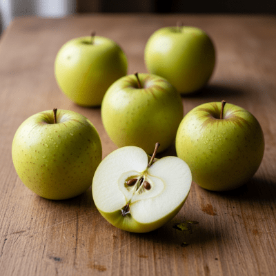 A simple arrangement showing several whole and one cut-open Grimes Golden, displayed on a wooden surface