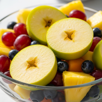 A photograph of a freshly sliced Grimes Golden of the taxonomy apples, presented as part of a fruit salad in a clear bowl