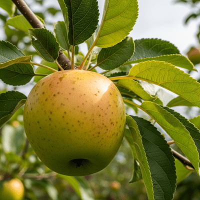 A naturalistic photograph of a Grimes Golden, hanging on its tree branch with leaves visible