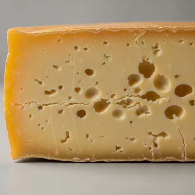 Close-up cross-sectional view of a Gruyère, showing its internal texture and structure
