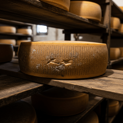 A whole wheel or block of Gruyère, shown in an artisanal cellar or aging environment typical for this cheese