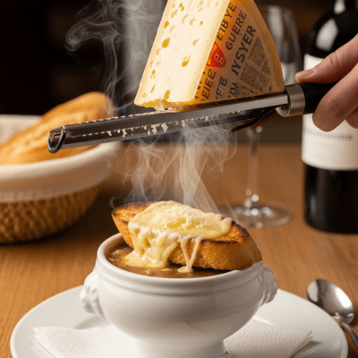 A piece of Gruyère being used in a classic culinary preparation or dish where it is commonly featured