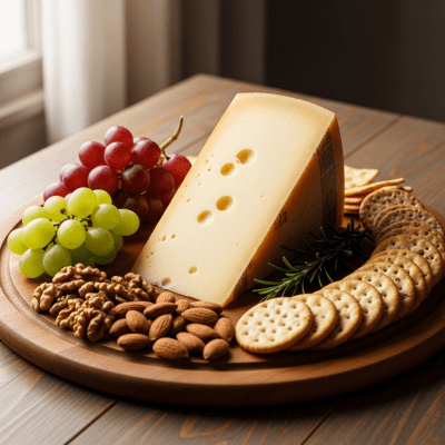 A serving of Gruyère arranged as part of a traditional cheese platter with fruits, nuts, and crackers