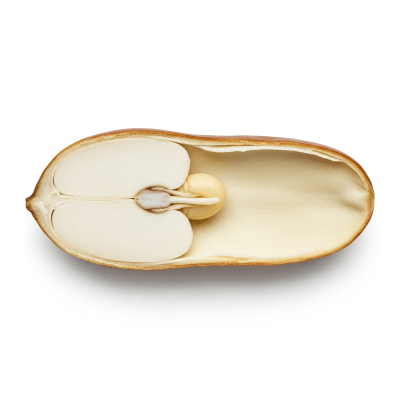 A cross-sectional view of a single Guar Bean (beans), sliced cleanly to reveal its internal structure and composition