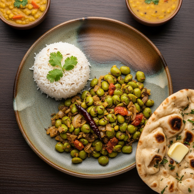Image of cooked Guar Bean (beans) presented as part of a traditional dish or cuisine, plated attractively and photographed from above