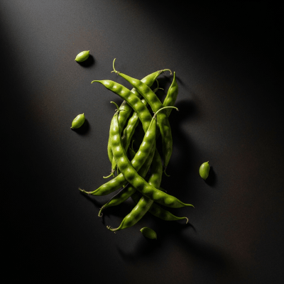 Editorial-style photograph of Guar Bean, part of the taxonomy beans, arranged aesthetically on a dark background with dramatic lighting to highlight its shape and color.