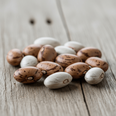 A handful of uncooked Guar Bean beans (beans) scattered on a rustic wooden surface, photographed in natural light to emphasize their variety and color