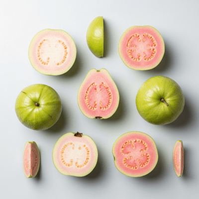An overhead view photograph of several pieces of the Guava, from the fruits taxonomy, arranged aesthetically on a plain background
