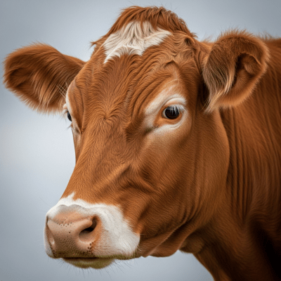 Close-up photograph of the head and face of a Guernsey, focusing on distinctive features such as eyes, ears, and fur texture