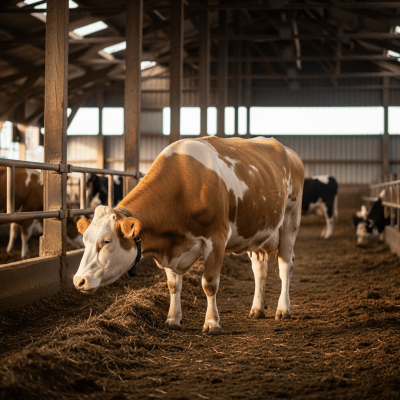 Documentary-style image of a Guernsey in a barn or shelter environment, showing typical housing conditions for cows