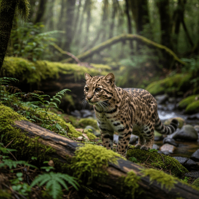 Photorealistic image of a Guiña (felines) in its natural habitat