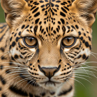 Close-up macro photograph focusing on the facial features and fur texture of a Guiña