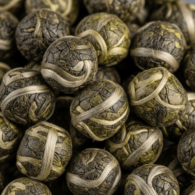 Macro photograph focusing on the texture and details of Gunpowder Tea leaves, within the taxonomy teas