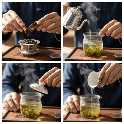 Step-by-step visual depiction showing the preparation process for Gunpowder Tea, within the taxonomy teas