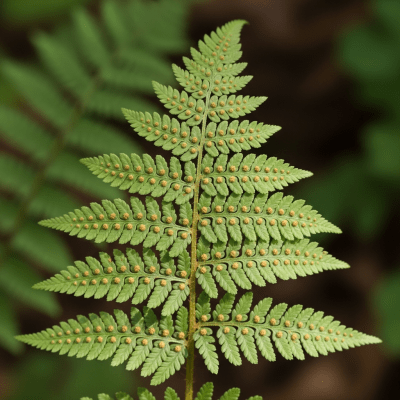 Photograph of a mature Gymnocarpium dryopteris, with visible sporangia or sori on the underside of its fronds, highlighting its reproductive structures