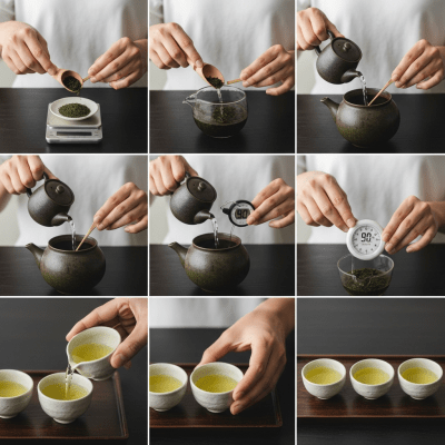 Step-by-step visual depiction showing the preparation process for Gyokuro, within the taxonomy teas