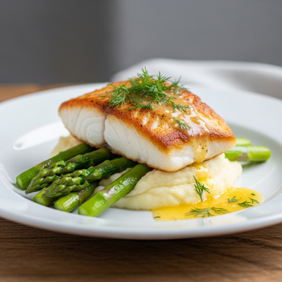 A culinary presentation featuring a prepared dish made with Haddock, of the taxonomy fish